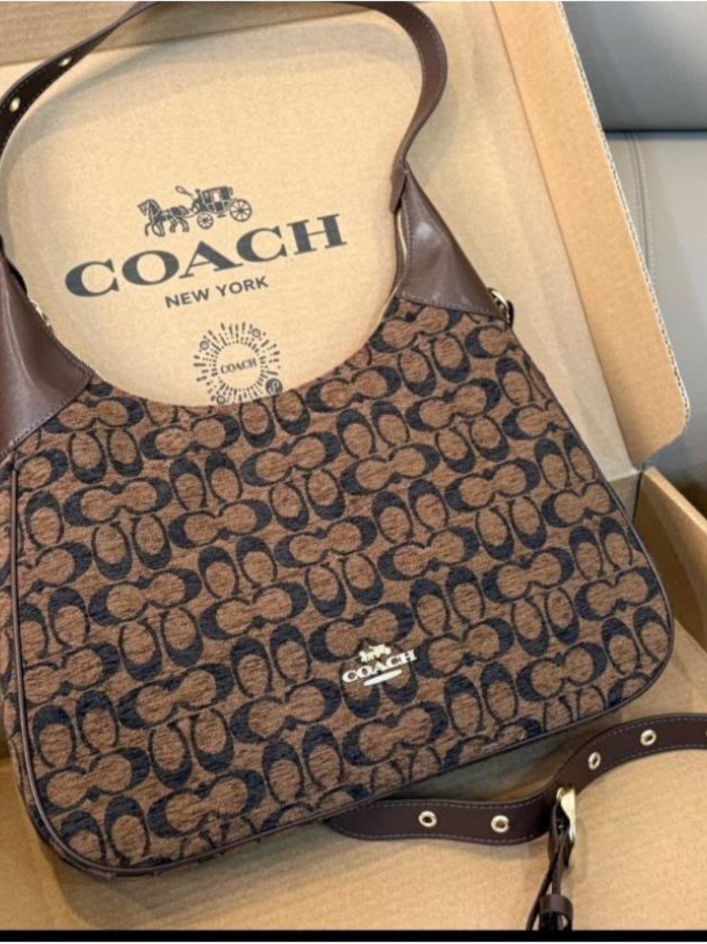 Coach Brown Signature Jacquard Messenger Bag with Dark Brown Trim